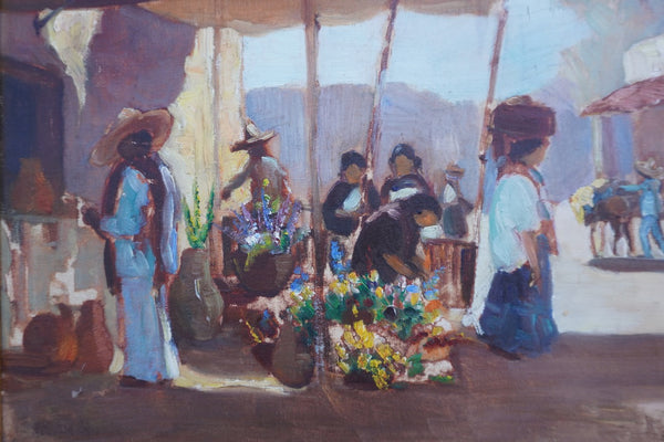 Mexican Marketplace Oil on Board c 1920s P3386