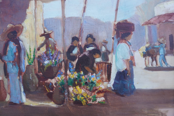 Mexican Marketplace Oil on Board c 1920s P3386