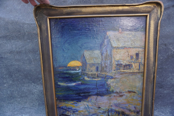 Lucy Scott Bower (1864-1934) Moonlit Harbor Oil on Board P3404
