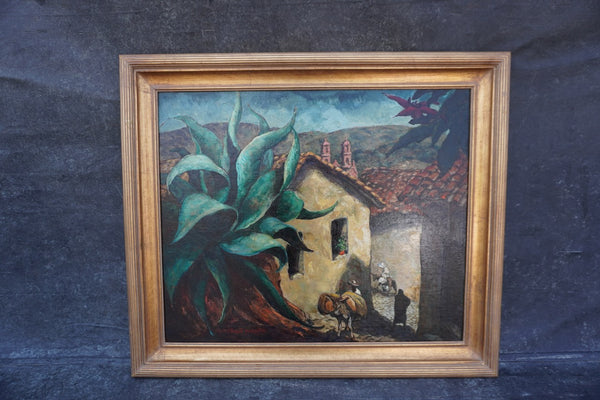 George Waller Parker (1888 -1957) Mexican Village Scene - Oil on Canvas 1930s P3408
