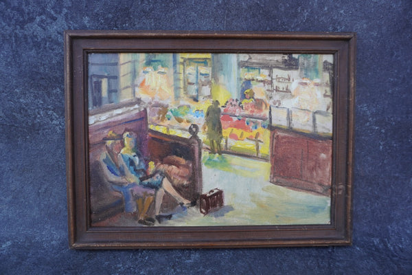 Hotel Lobby or Train Station with Concession Stand - 1940s Oil on Board P3411