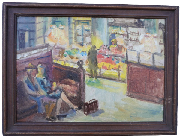 Hotel Lobby or Train Station with Concession Stand - 1940s Oil on Board P3411