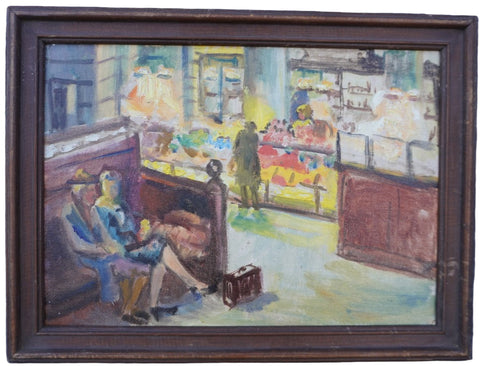Hotel Lobby or Train Station with Concession Stand - 1940s Oil on Board P3411