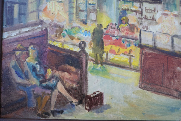 Hotel Lobby or Train Station with Concession Stand - 1940s Oil on Board P3411