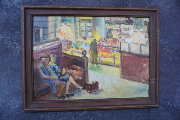 Hotel Lobby or Train Station with Concession Stand - 1940s Oil on Board P3411