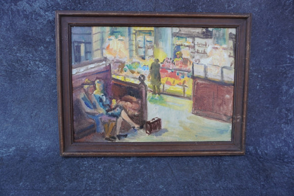 Hotel Lobby or Train Station with Concession Stand - 1940s Oil on Board P3411