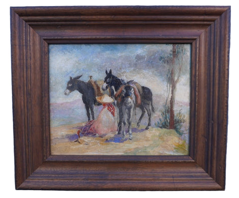 A Man with His Burros, Oil on Canvas, Unsigned P3423