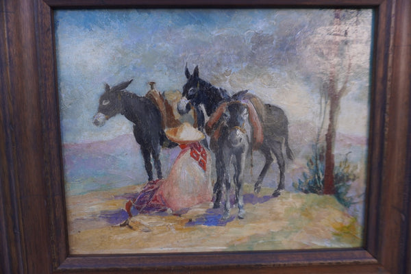 A Man with His Burros, Oil on Canvas, Unsigned P3423