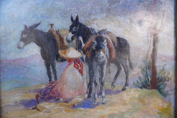 A Man with His Burros, Oil on Canvas, Unsigned P3423