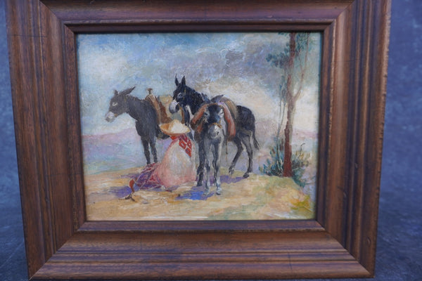 A Man with His Burros, Oil on Canvas, Unsigned P3423