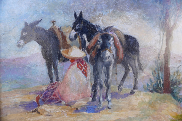 A Man with His Burros, Oil on Canvas, Unsigned P3423