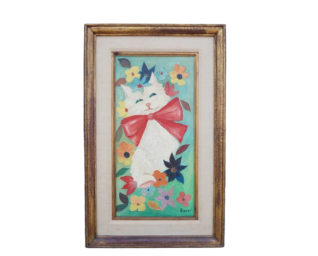 Mid-Century Happy Cat Painting, Oil on Canvas, Unsigned P3521