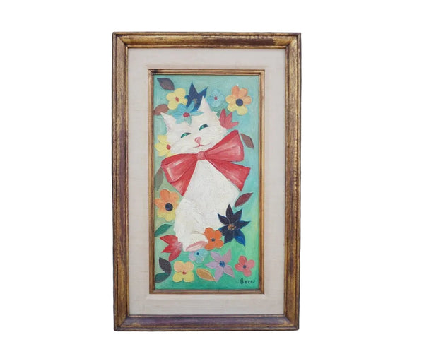 Mid-Century Happy Cat Painting, Oil on Canvas, Unsigned P3521