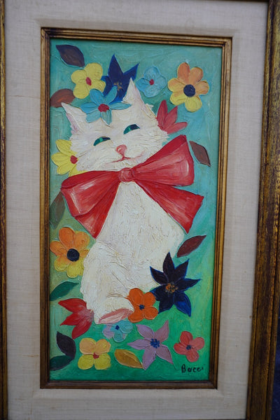 Mid-Century Happy Cat Painting, Oil on Canvas, Unsigned P3521