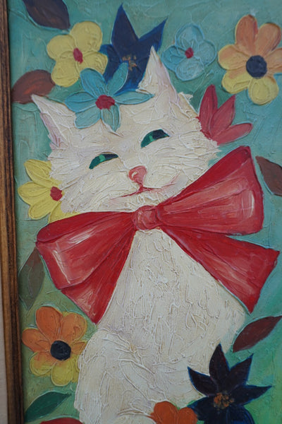 Mid-Century Happy Cat Painting, Oil on Canvas, Unsigned P3521