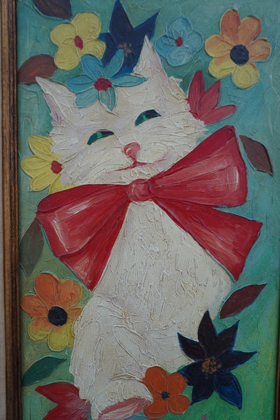 Mid-Century Happy Cat Painting, Oil on Canvas, Unsigned P3521