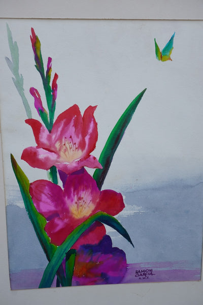 Gladiolas and Butterfly by Ramon Garcia, Watercolor on Paper P3528