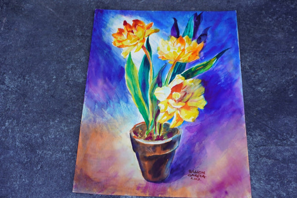 Potted Flowers Still Life by Ramon Garcia, Watercolor on Paper P3535