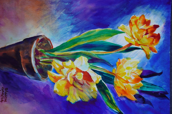 Potted Flowers Still Life by Ramon Garcia, Watercolor on Paper P3535