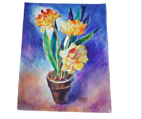 Potted Flowers Still Life by Ramon Garcia, Watercolor on Paper P3535