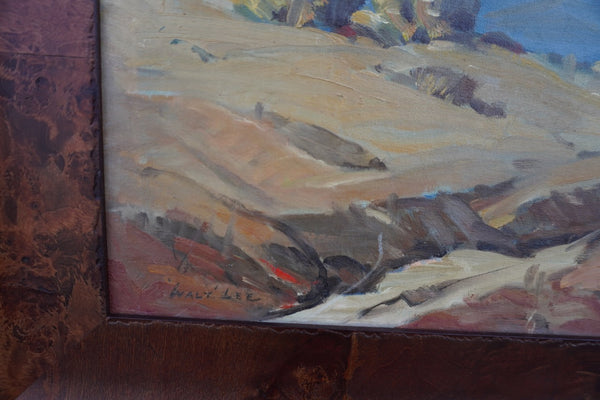 Tehachapi Wash by Walt Lee, Oil on Board, Burled Wood Frame P3548