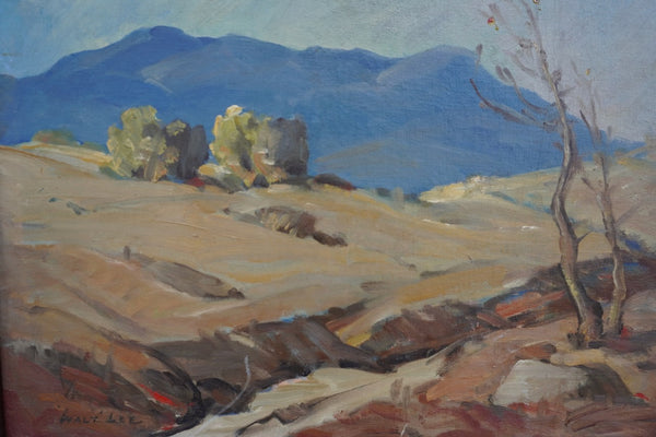 Tehachapi Wash by Walt Lee, Oil on Board, Burled Wood Frame P3548