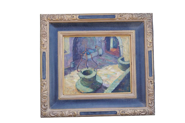 Mission Courtyard Scene by Anna Skelle, c. 1927, Oil on Board P3554