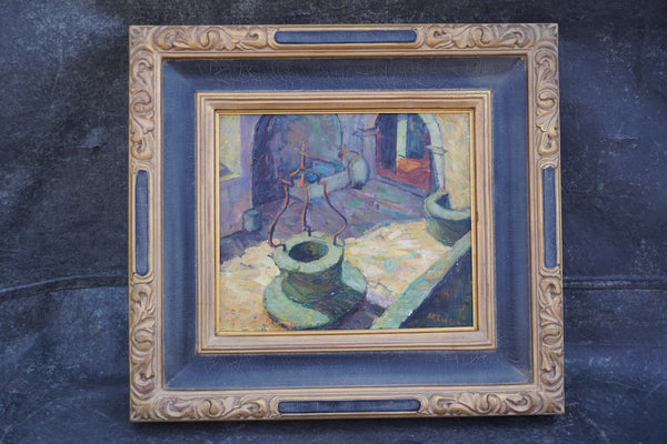Mission Courtyard Scene by Anna Skelle, c. 1927, Oil on Board P3554