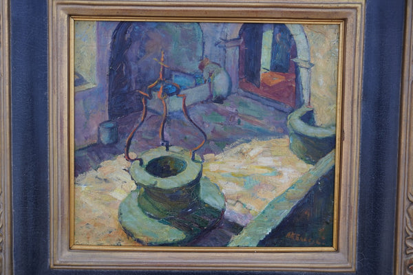 Mission Courtyard Scene by Anna Skelle, c. 1927, Oil on Board P3554