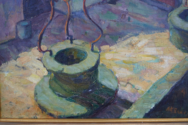 Mission Courtyard Scene by Anna Skelle, c. 1927, Oil on Board P3554