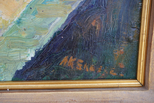 Mission Courtyard Scene by Anna Skelle, c. 1927, Oil on Board P3554