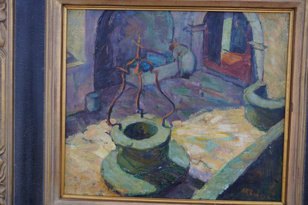 Mission Courtyard Scene by Anna Skelle, c. 1927, Oil on Board P3554