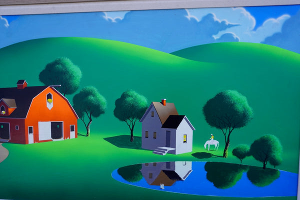 Farm at the Pond by Irv Wyner, circa 1960, Oil on Board P3555