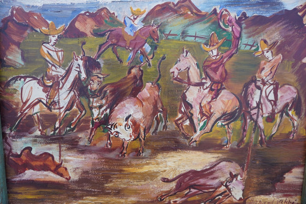 Riders in the Corral by Bernard Baruch Zakheim, Oil on Canvas P3556