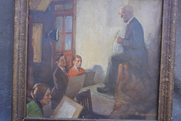 Art Class / Life Study Scene, Signed F. Johnson, Oil on Canvas P3577