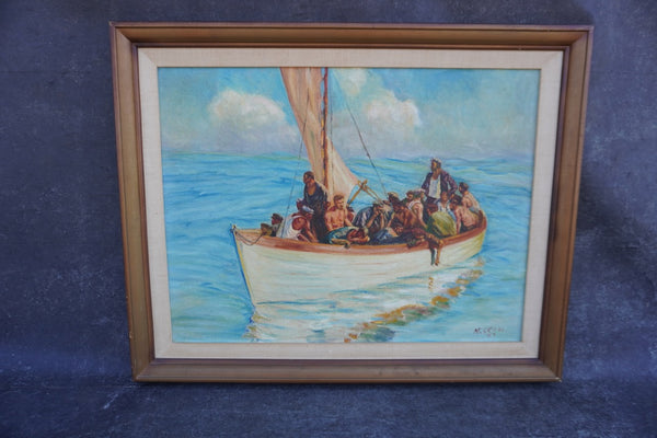 Fishermen at Sea by M. Skoss, Oil on Masonite P3580