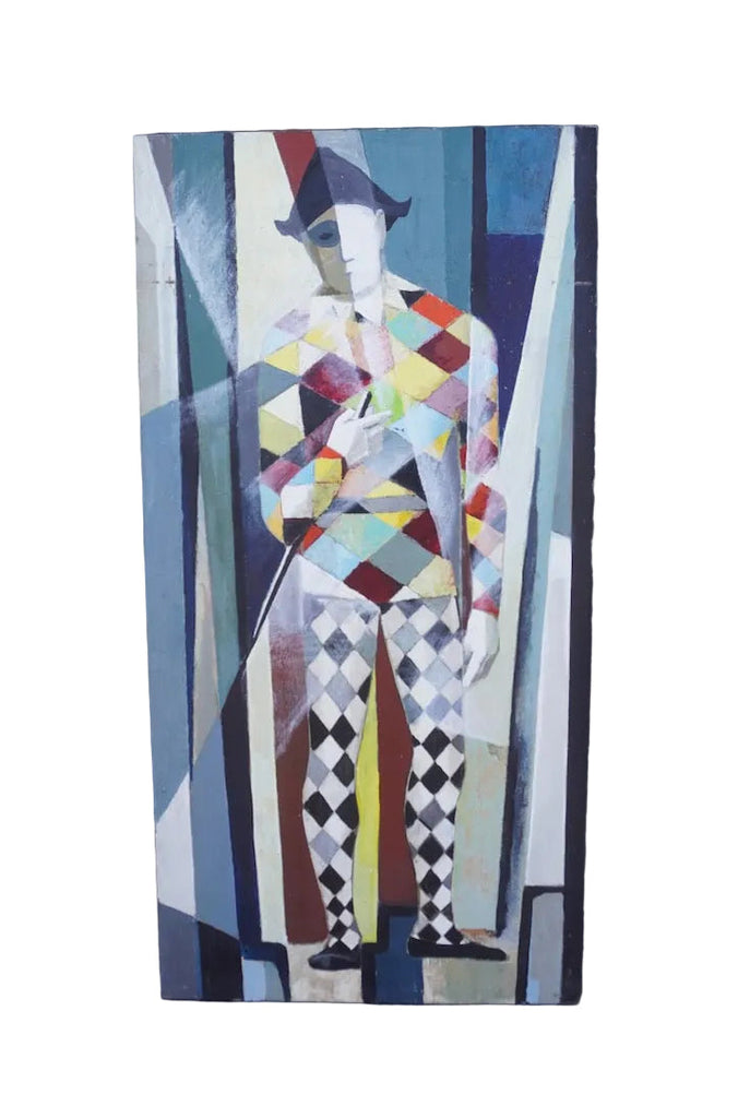 Mid-Century Harlequin, Unknown Artist, Oil on Masonite P3582
