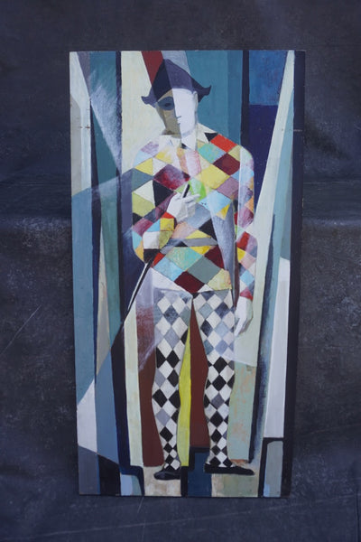 Mid-Century Harlequin, Unknown Artist, Oil on Masonite P3582