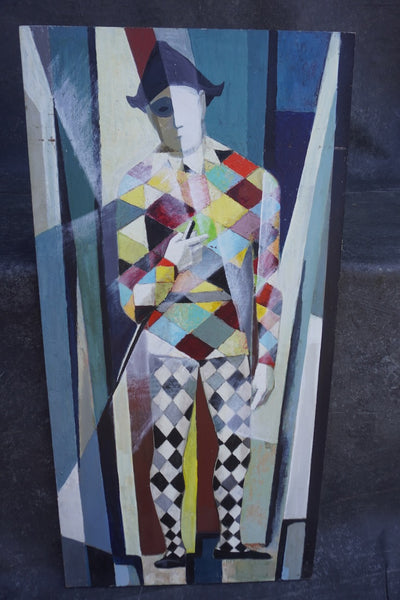 Mid-Century Harlequin, Unknown Artist, Oil on Masonite P3582