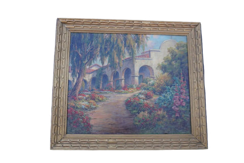 San Juan Capistrano Mission Cloister by M. Marinos, Oil on Camvas P3589
