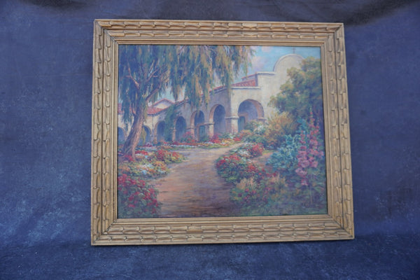 San Juan Capistrano Mission Cloister by M. Marinos, Oil on Camvas P3589