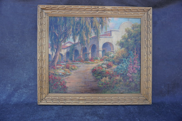 San Juan Capistrano Mission Cloister by M. Marinos, Oil on Camvas P3589