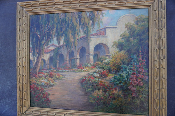 San Juan Capistrano Mission Cloister by M. Marinos, Oil on Camvas P3589