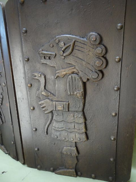 Aztec Motif Carved Wooden Bi-fold Screen
