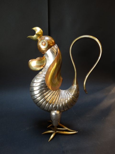 Los Castillo-attributed Silver, Brass and Copper Rooster Pitcher