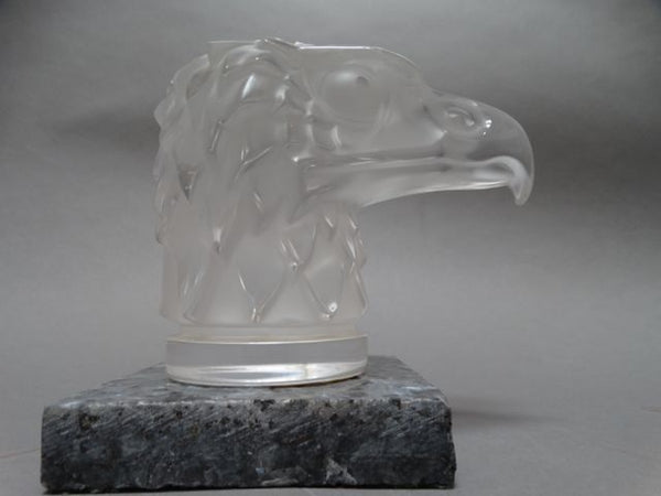 Lalique Crystal Eagle Head Paperweight/Car Mascot mounted on Marble Base 1970s