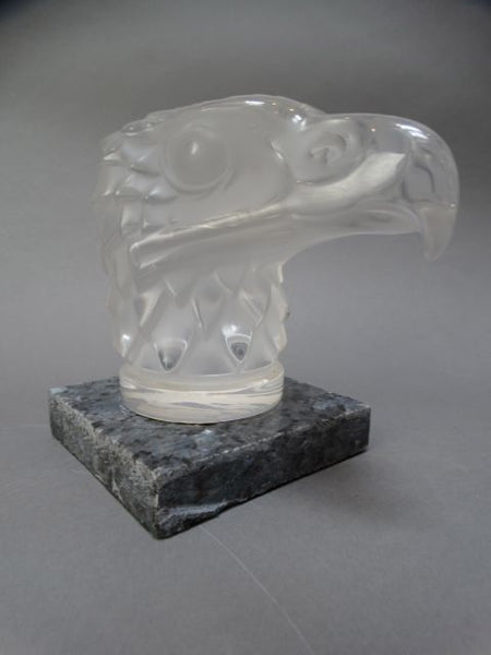 Lalique Crystal Eagle Head Paperweight/Car Mascot mounted on Marble Base 1970s