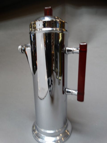 Deco Chrome Cocktail Shaker w Red Plastic Handle