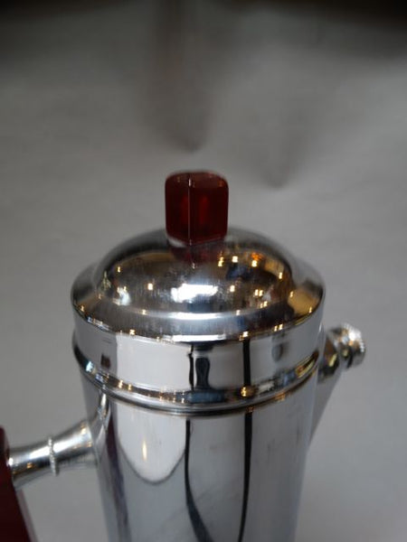 Deco Chrome Cocktail Shaker w Red Plastic Handle