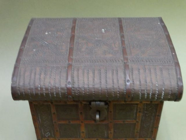 Small Wheeled Leather and Copper and Wood Box